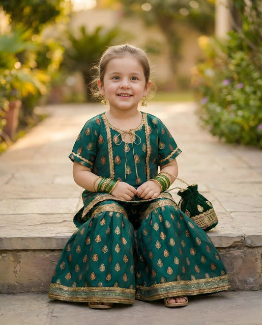 Gul-e-Zarrin – Emerald Gold Lawn Gharara Set