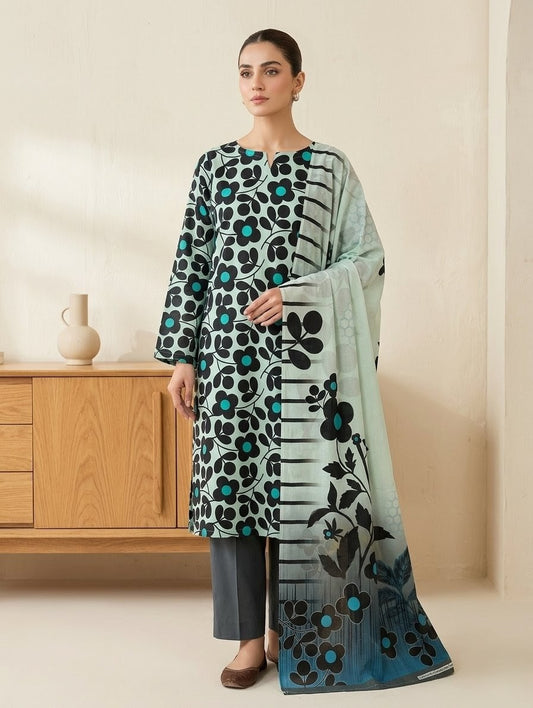 Finest Quality Lawn Unstitched 3 Piece Suit - Hamnaaz Mint Green & Black Floral Print