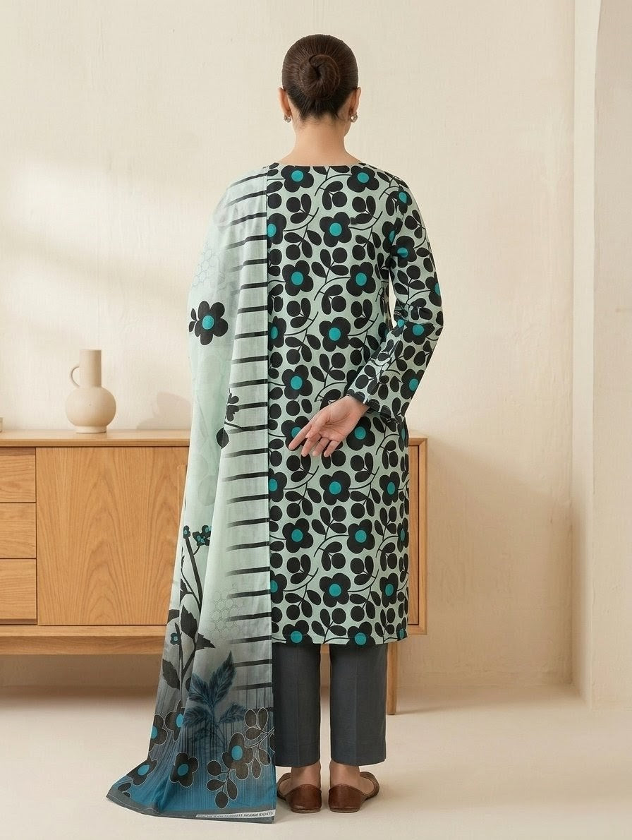Finest Quality Lawn Unstitched 3 Piece Suit - Hamnaaz Mint Green & Black Floral Print