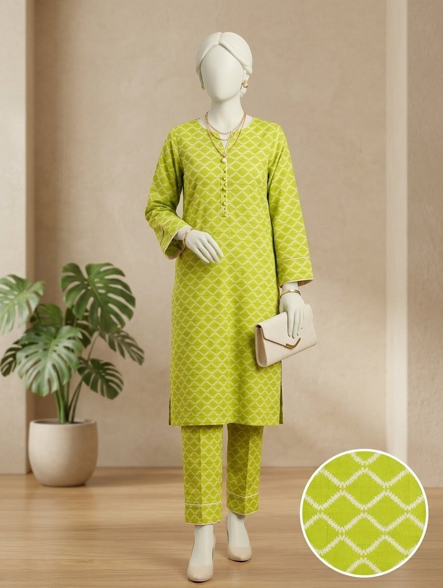 Finest Quality Lawn Unstitched 2 Piece Suit - Hamnaaz Lime Green Lattice Grid Print