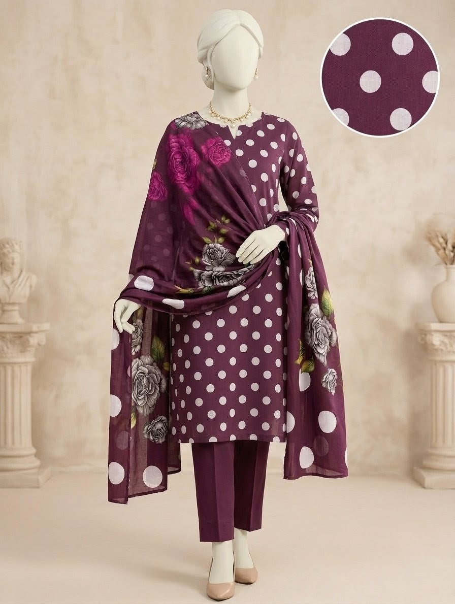 Finest Quality Lawn Unstitched 3 Piece Suit - Hamnaaz Deep Purple Polka Floral Print