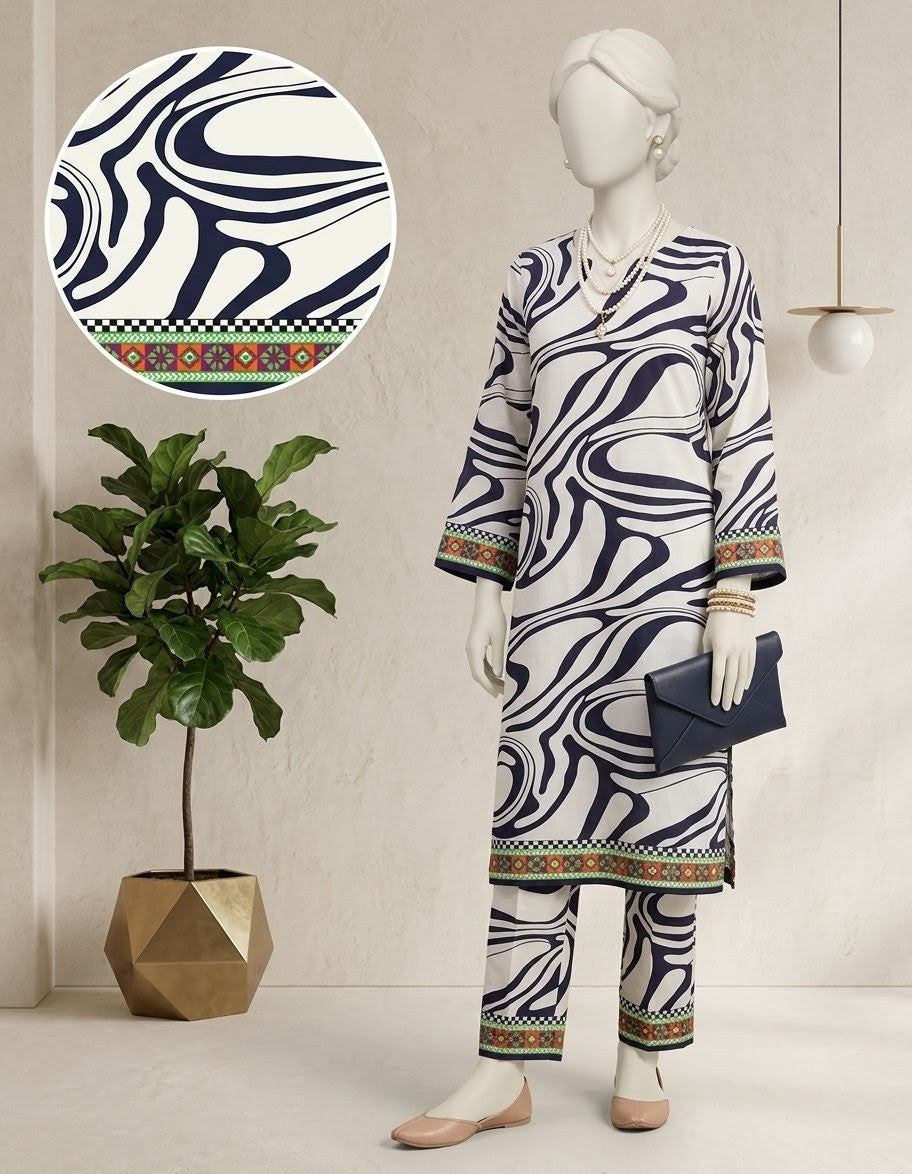 Finest Quality Lawn Unstitched 2 Piece Suit - Hamnaaz Abstract Navy Swirl Print