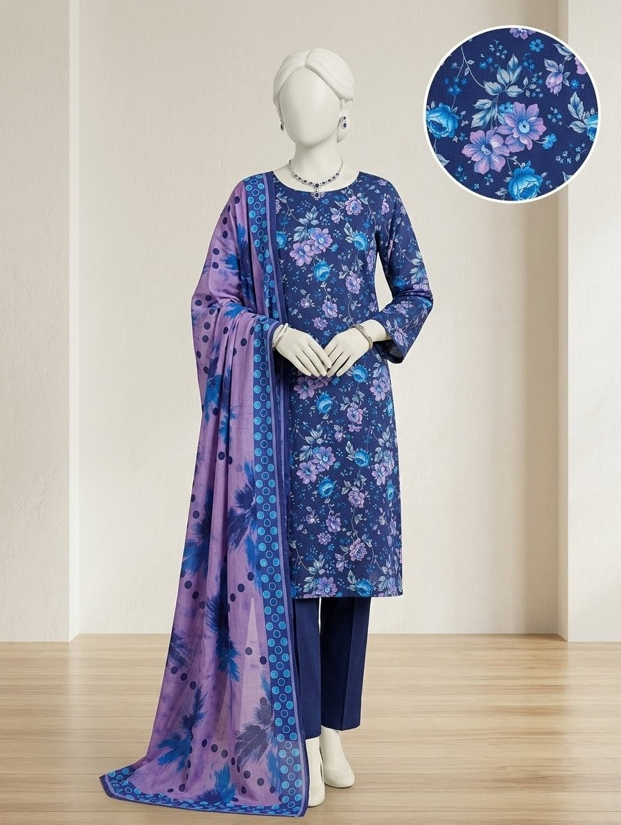Finest Quality Lawn Unstitched 3 Piece Suit - Hamnaaz Blue Polka Floral Print