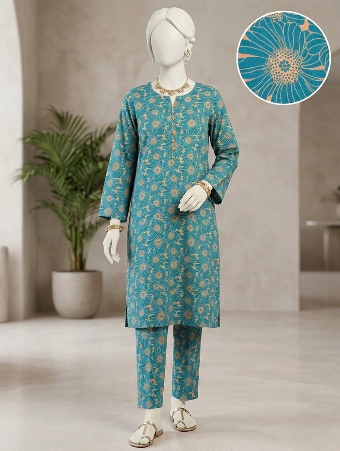 Finest Quality linen Unstitched 2 Piece Suit - Hamnaaz Teal Gold Abstract Floral Print
