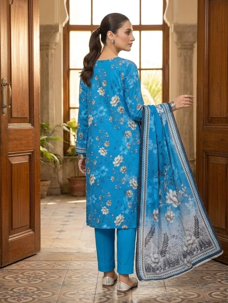 Finest Quality Lawn Unstitched 3 Piece Suit - Hamnaaz Azure Blossom Print