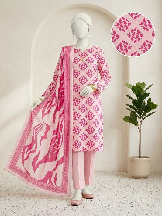 Finest Quality Lawn Unstitched 3 Piece Suit - Hamnaaz Pink Leaf Geometric Print