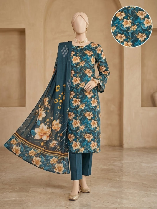 Finest Quality Lawn Unstitched 3 Piece Suit - Hamnaaz Teal Golden Petal Print