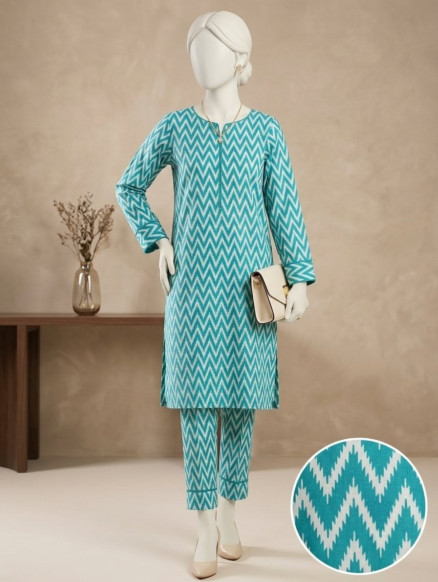 Finest Quality Lawn Unstitched 2 Piece Suit - Hamnaaz Turquoise Chevron Zigzag Print