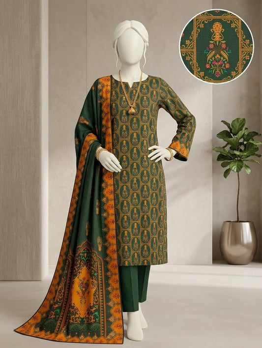 Finest Quality Doria Lawn Unstitched 3 Piece Suit - Hamnaaz Forest Green Ethnic Medallion Print