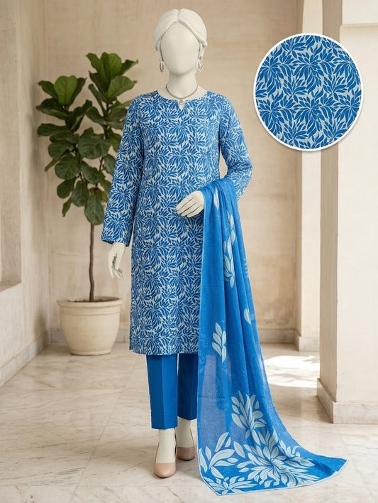 Finest Quality Lawn Unstitched 3 Piece Suit - Hamnaaz Royal Blue Leafy Botanical Print