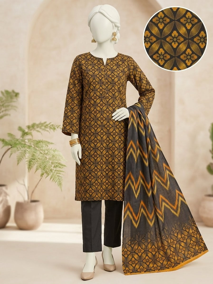 Finest Quality Lawn Unstitched 3 Piece Suit - Hamnaaz Mustard Geometric Floral Print