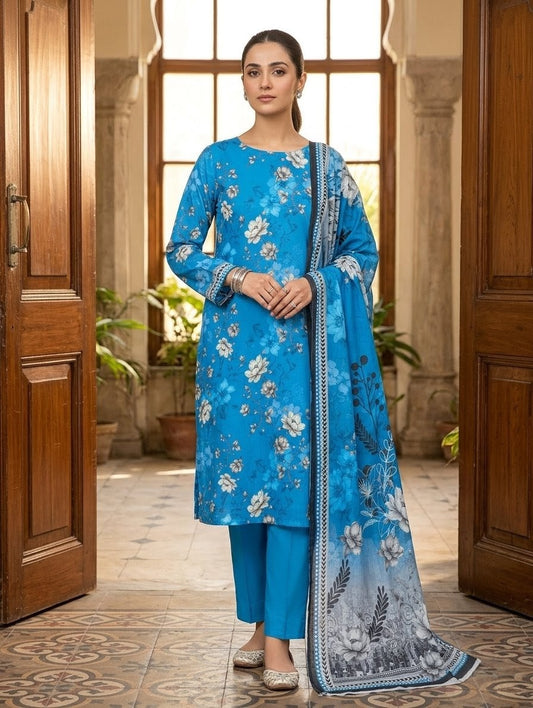 Finest Quality Lawn Unstitched 3 Piece Suit - Hamnaaz Azure Blossom Print