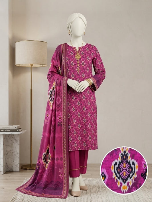 Finest Quality Doria Lawn Unstitched 3 Piece Suit - Hamnaaz Magenta Ikat Motif Print