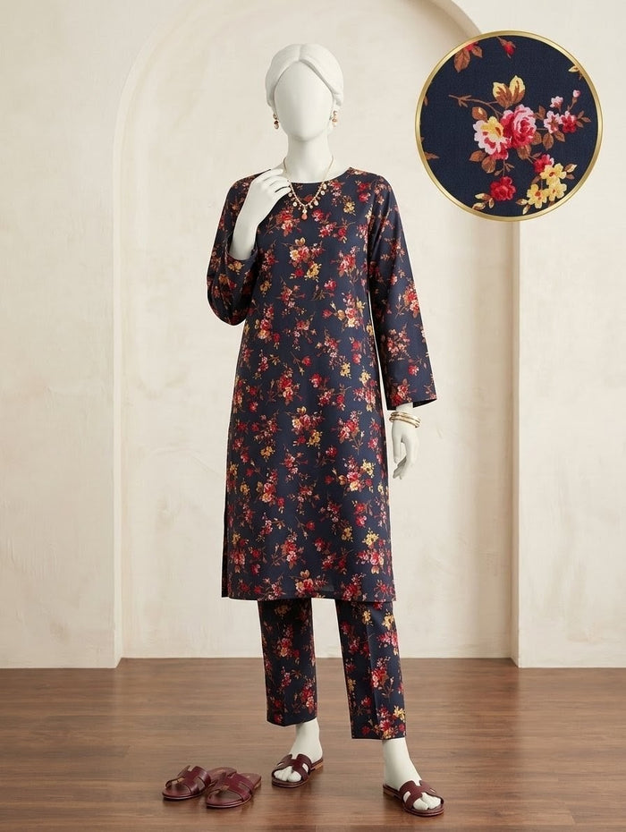 Finest Quality linen Unstitched 2 Piece Suit - Hamnaaz Navy Multi-Color Floral Print