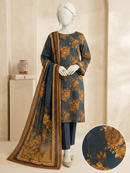 Finest Quality Lawn Unstitched 3 Piece Suit - Hamnaaz Slate Blue Antique Floral Print