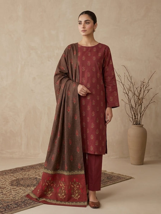 Finest Quality Lawn Unstitched 3 Piece Suit - Hamnaaz Maroon & Gold Motif Print