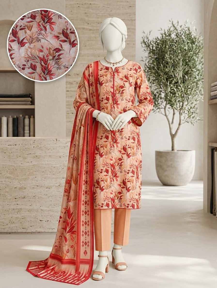 Finest Quality Doria Lawn Unstitched 3 Piece Suit - Hamnaaz Peach Autumnal Foliage Print