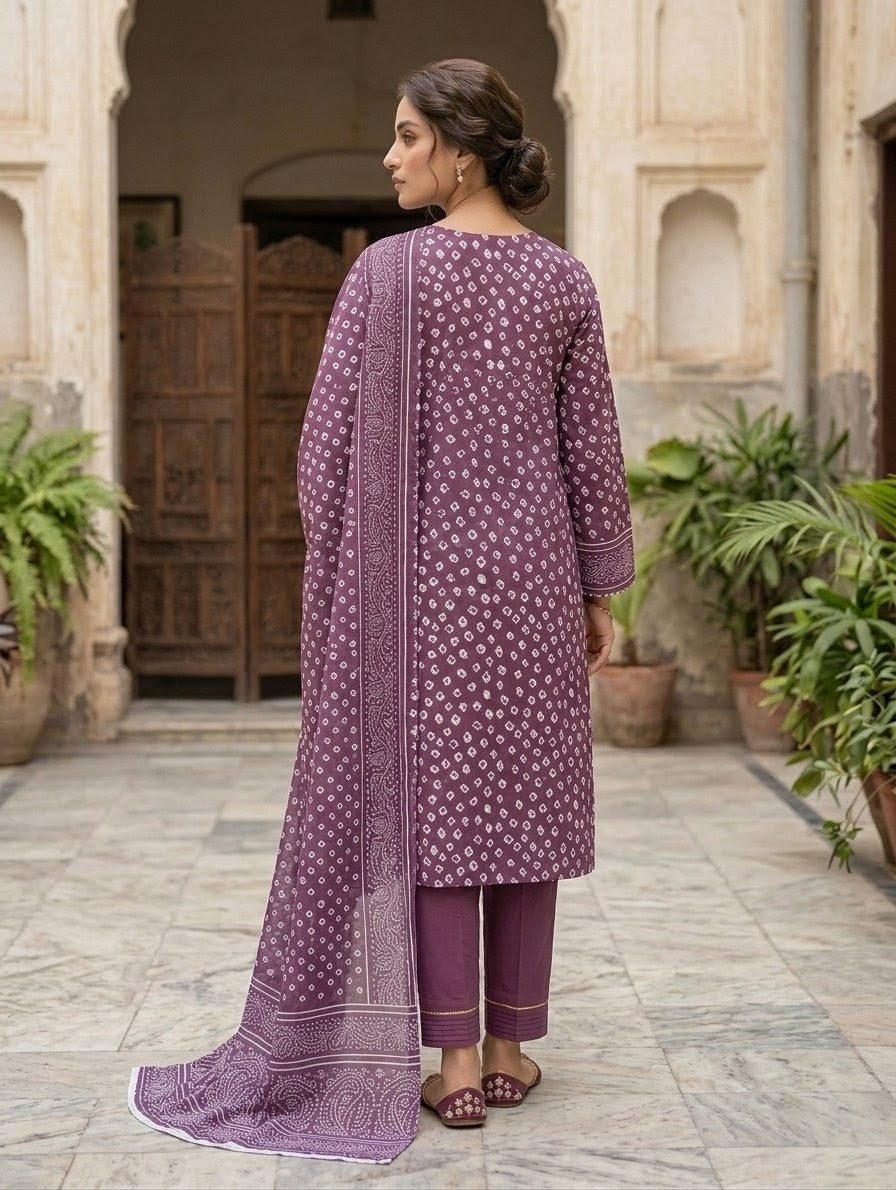 Finest Quality Lawn Unstitched 3 Piece Suit - Hamnaaz Plum Bandhani Print