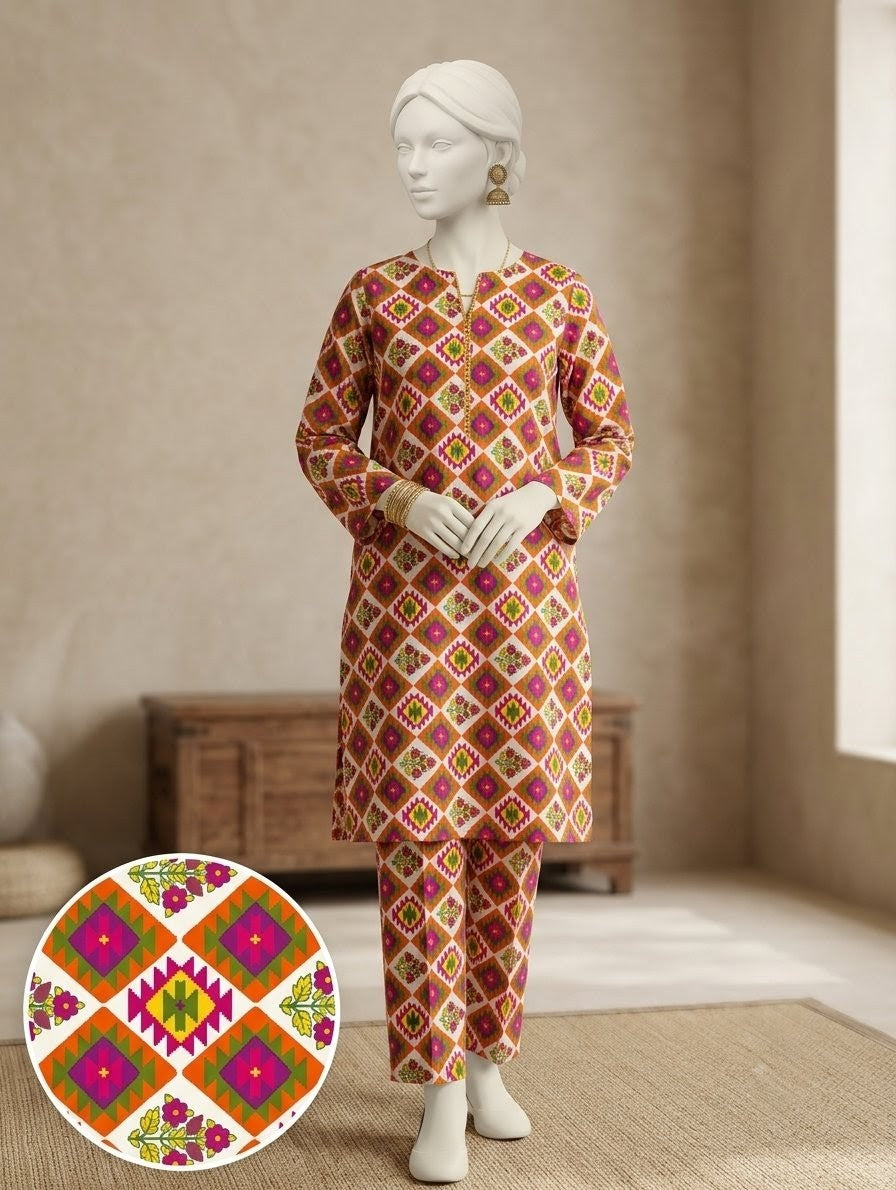 Finest Quality Lawn Unstitched 2 Piece Suit - Hamnaaz Earthy Geometric Diamond Print