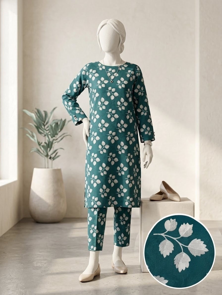 Finest Quality Lawn Unstitched 2 Piece Suit - Hamnaaz Teal White Leaf Motif Print