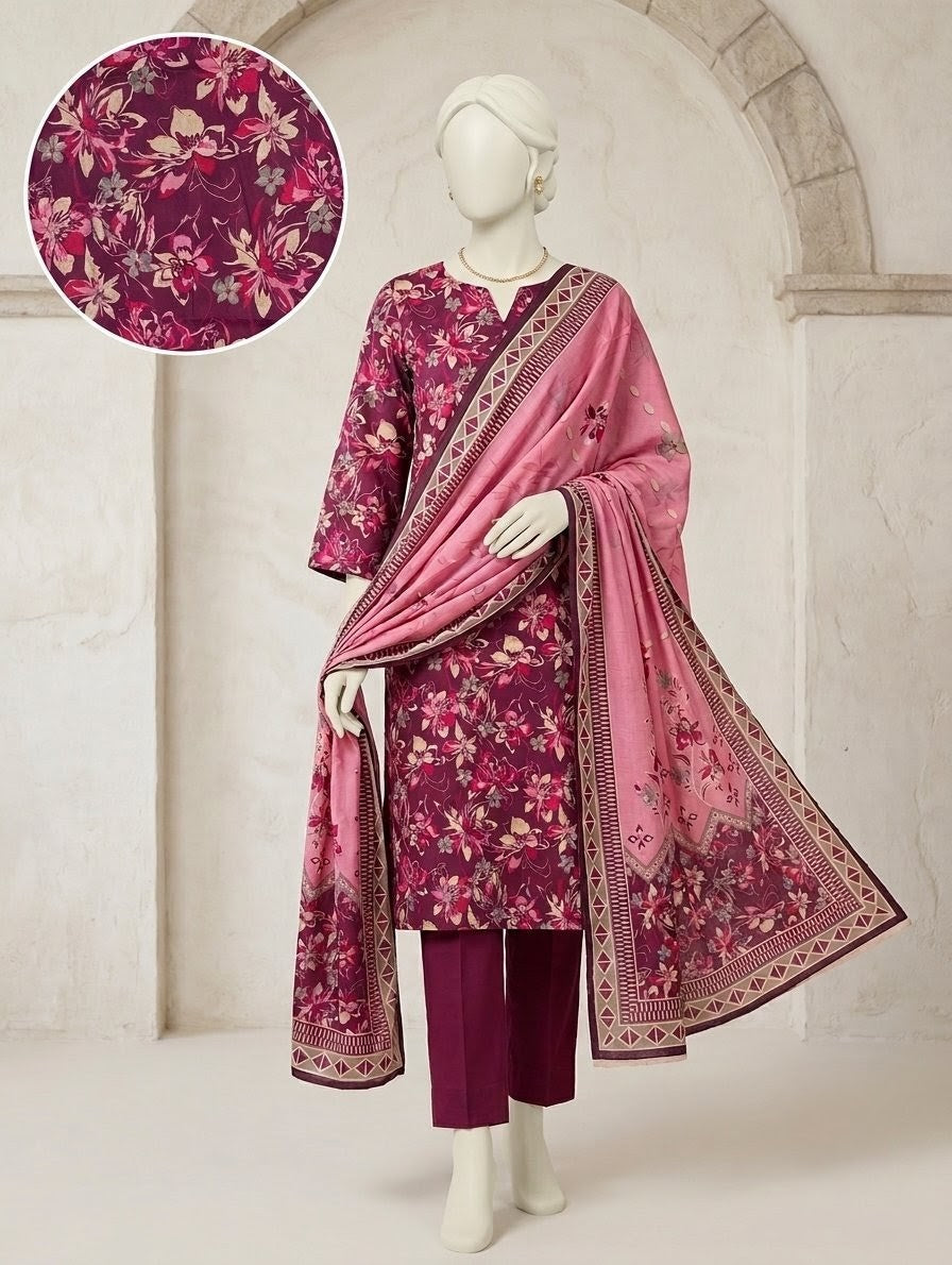 Finest Quality Lawn Unstitched 3 Piece Suit - Hamnaaz Plum Botanical Bloom Print
