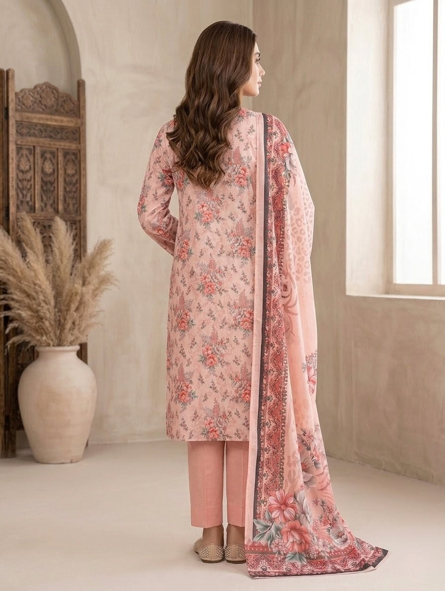 Finest Quality Lawn Unstitched 3 Piece Suit - Hamnaaz Peach Botanical Floral Print