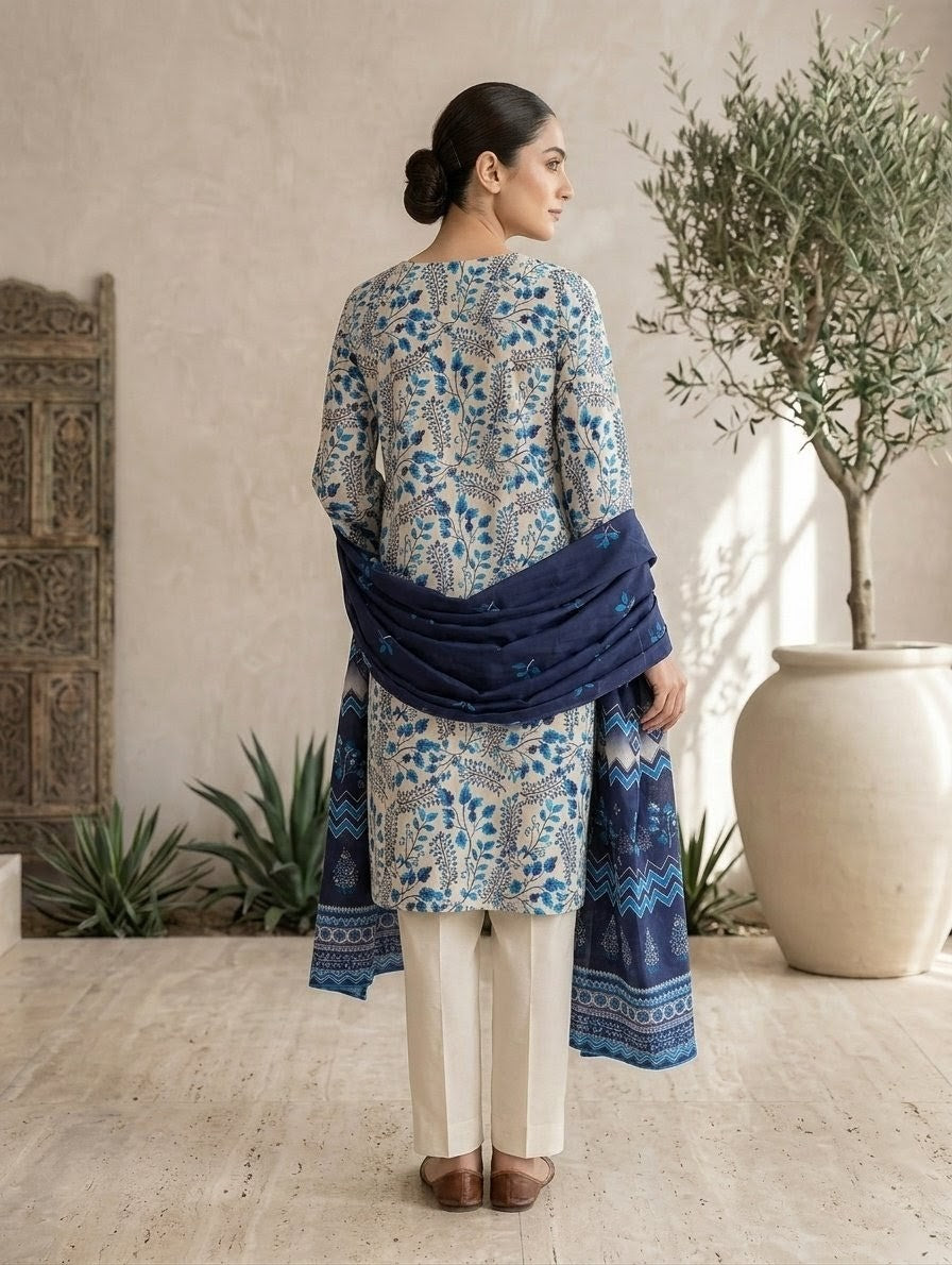 Finest Quality Lawn Unstitched 3 Piece Suit - Hamnaaz Off-White & Blue Vine Print