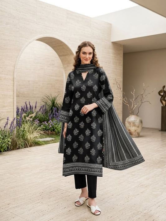 Monochrome Lily – 100% Original Hajra Lawn Unstitched (3-Piece) – Direct Factory Wholesale Price