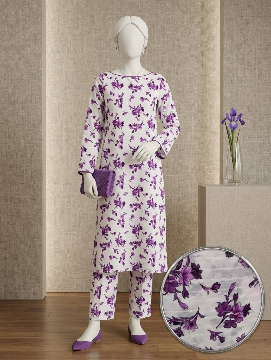 Finest Quality Lawn Unstitched 2 Piece Suit - Hamnaaz White Purple Floral Vine Print