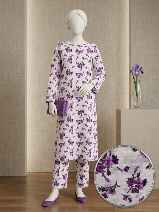 Finest Quality Lawn Unstitched 2 Piece Suit - Hamnaaz White Purple Floral Vine Print