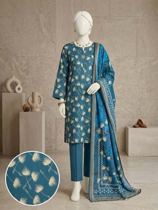 Finest Quality Lawn Unstitched 3 Piece Suit - Hamnaaz Teal Dandelion Seed Print