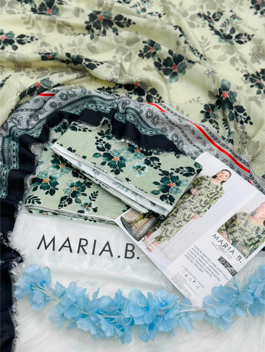 Pistachio Green Floral – 100% Original Maria.B Lawn Unstitched (3-Piece) – Direct Factory Wholesale Price