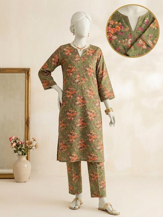 Finest Quality Lawn Unstitched 2 Piece Suit - Hamnaaz Olive Multi-Color Meadow Print