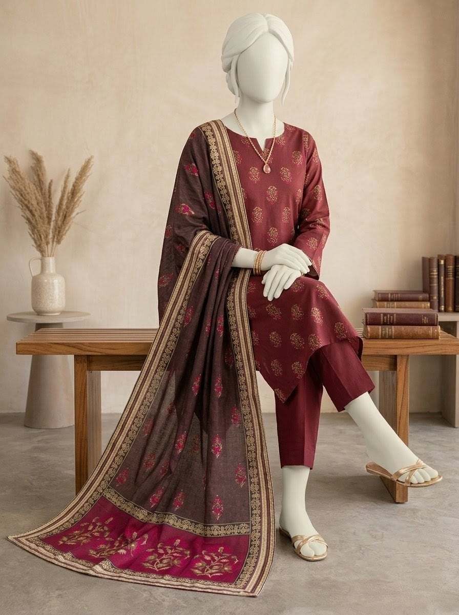 Finest Quality Lawn Unstitched 3 Piece Suit - Hamnaaz Maroon Elegant Motif Print