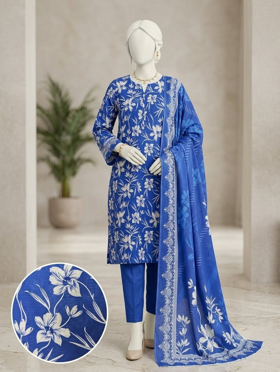 Finest Quality Doria Lawn Unstitched 3 Piece Suit - Hamnaaz Royal Blue White Floral Print