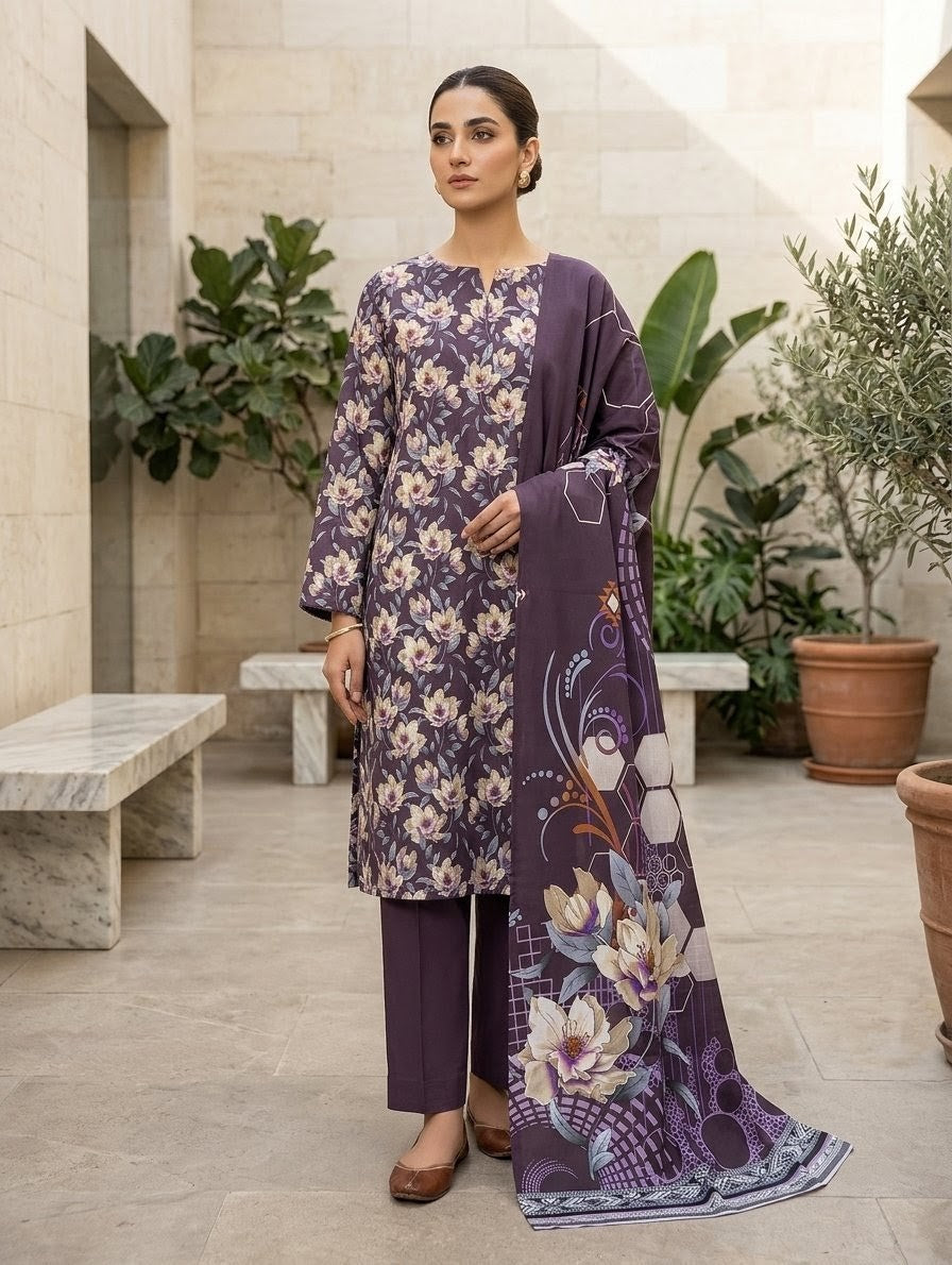 Finest Quality Lawn Unstitched 3 Piece Suit - Hamnaaz Deep Purple Floral Print