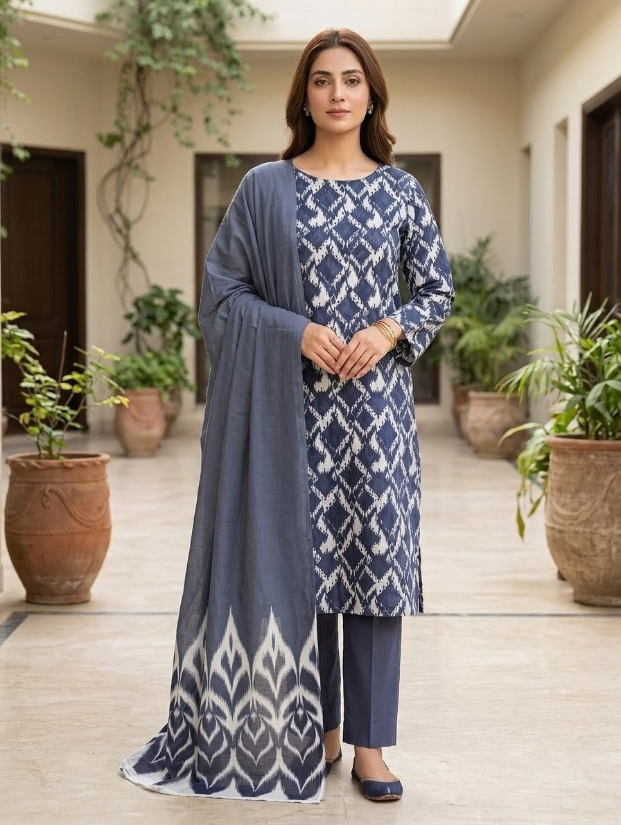 Finest Quality Lawn Unstitched 3 Piece Suit - Hamnaaz Navy Ikat Print