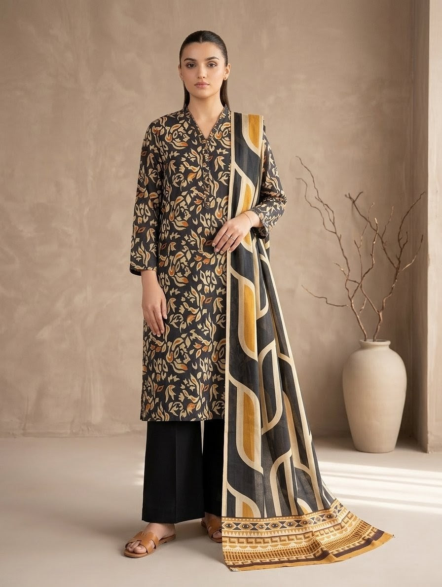 Finest Quality Lawn Unstitched 3 Piece Suit - Hamnaaz Black & Mustard Abstract Leaf Print