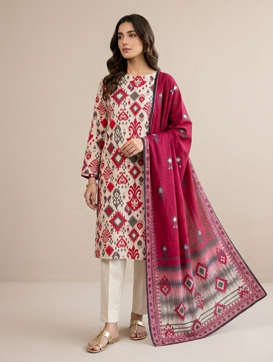 Finest Quality Lawn Unstitched 3 Piece Suit - Hamnaaz Crimson Tribal Print