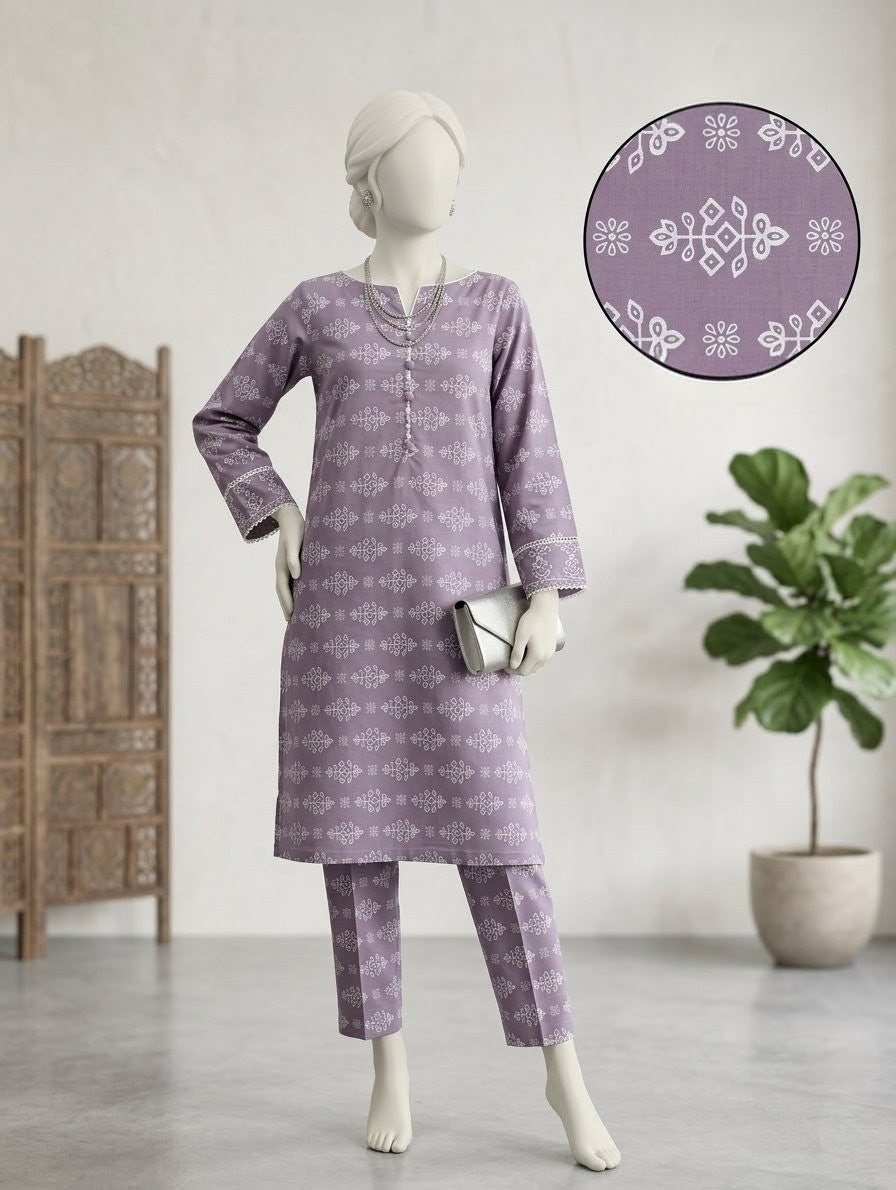 Finest Quality Lawn Unstitched 2 Piece Suit - Hamnaaz Lavender Ornamental Print