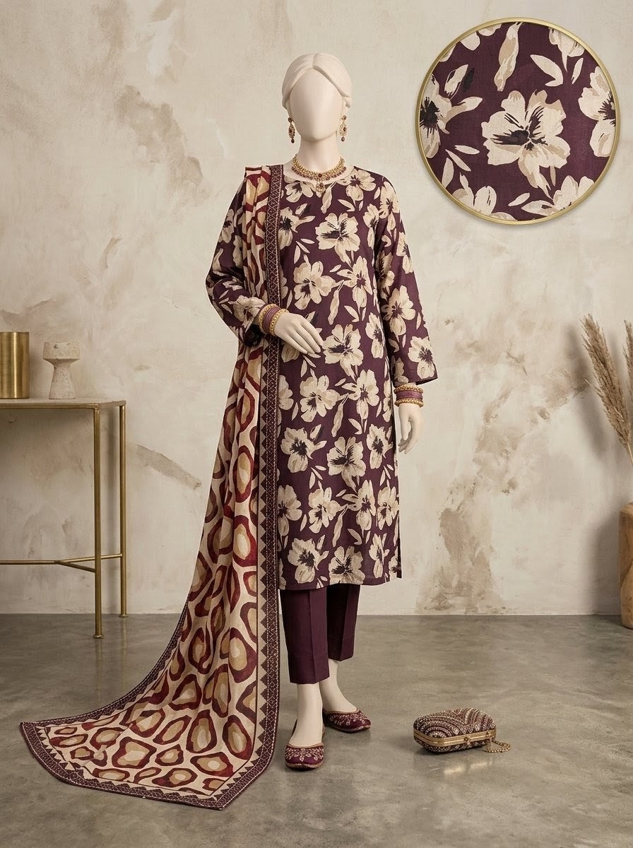 Finest Quality Lawn Unstitched 3 Piece Suit - Hamnaaz Deep Plum Bold Floral Print