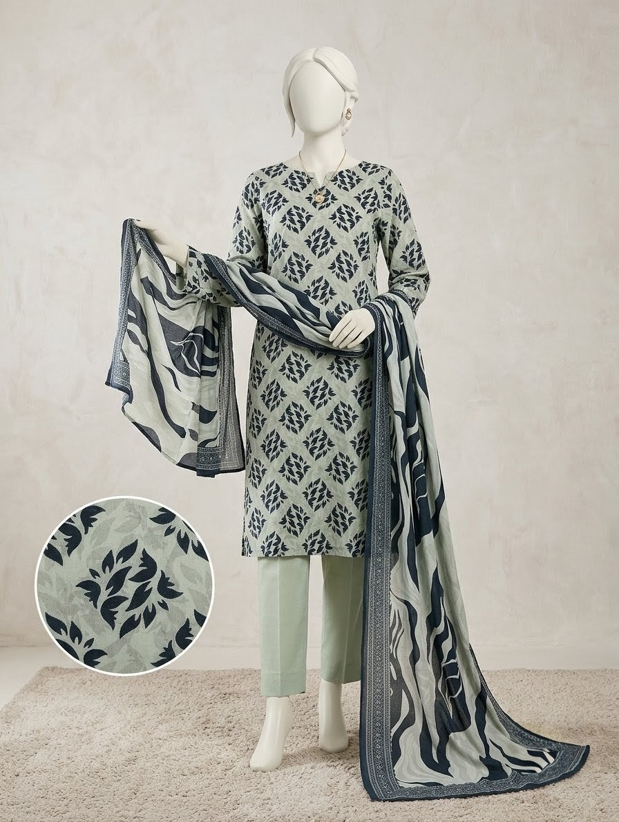 Finest Quality Lawn Unstitched 3 Piece Suit - Hamnaaz Sage Abstract Leaf Print