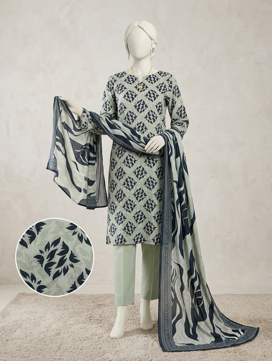 Finest Quality Lawn Unstitched 3 Piece Suit - Hamnaaz Sage Abstract Leaf Print
