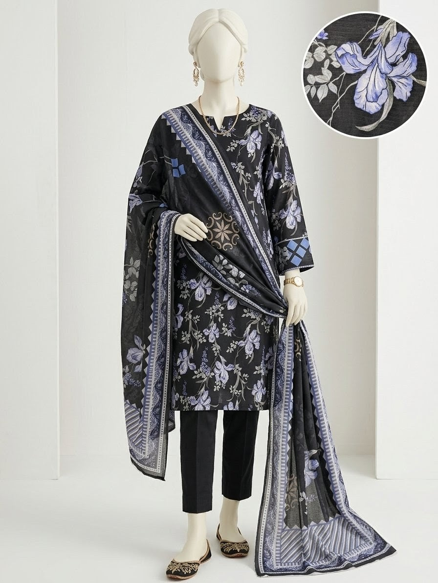 Finest Quality Doria Lawn Unstitched 3 Piece Suit - Hamnaaz Black Iris Botanical Print