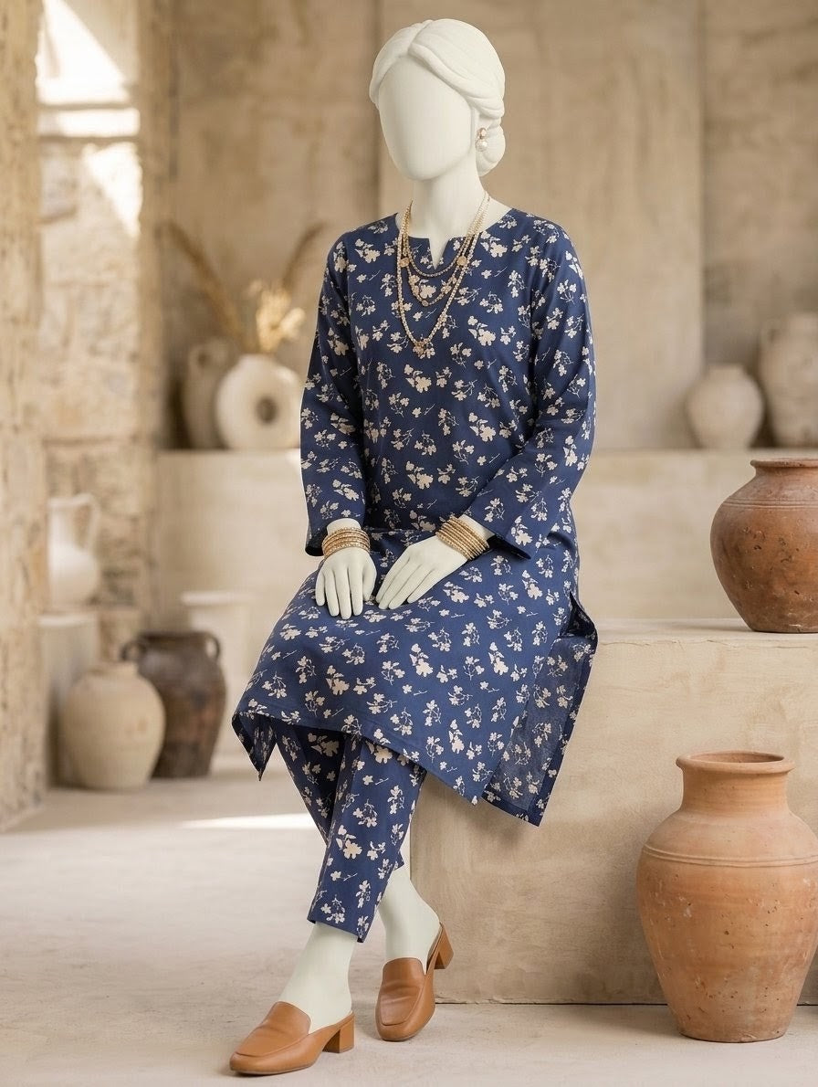 Finest Quality linen Unstitched 2 Piece Suit - Hamnaaz Navy White Scattered Floral Print