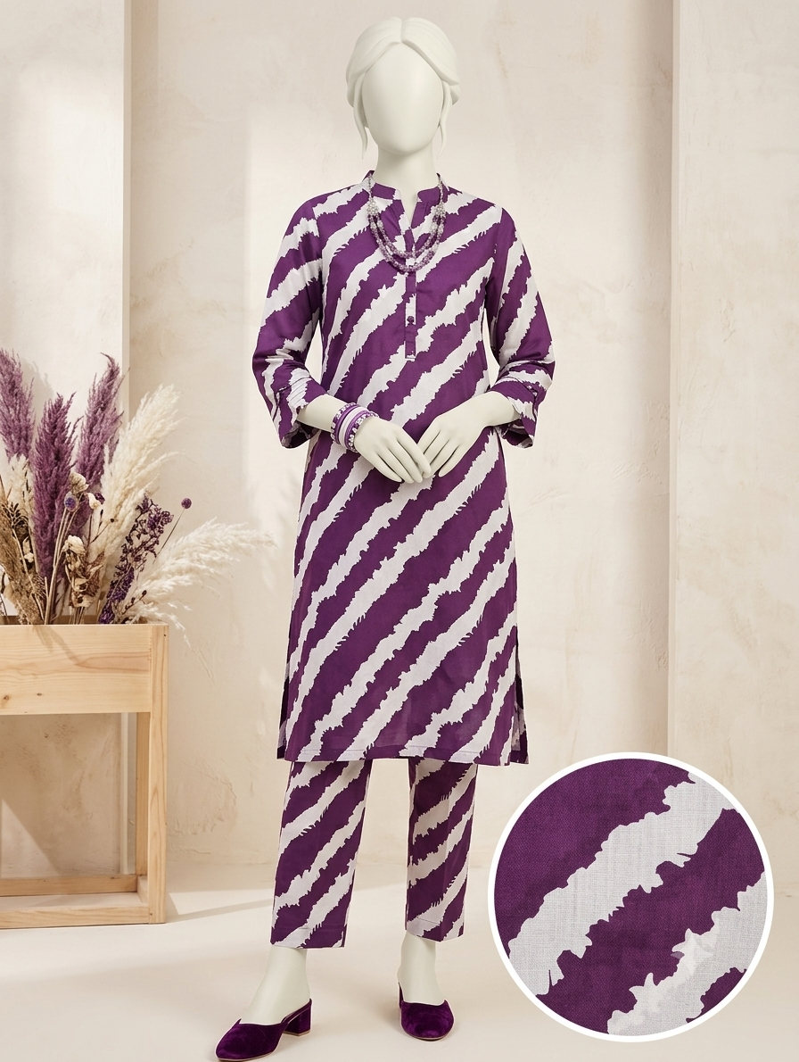 Finest Quality Lawn Unstitched 2 Piece Suit - Hamnaaz Purple Diagonal Wave Print