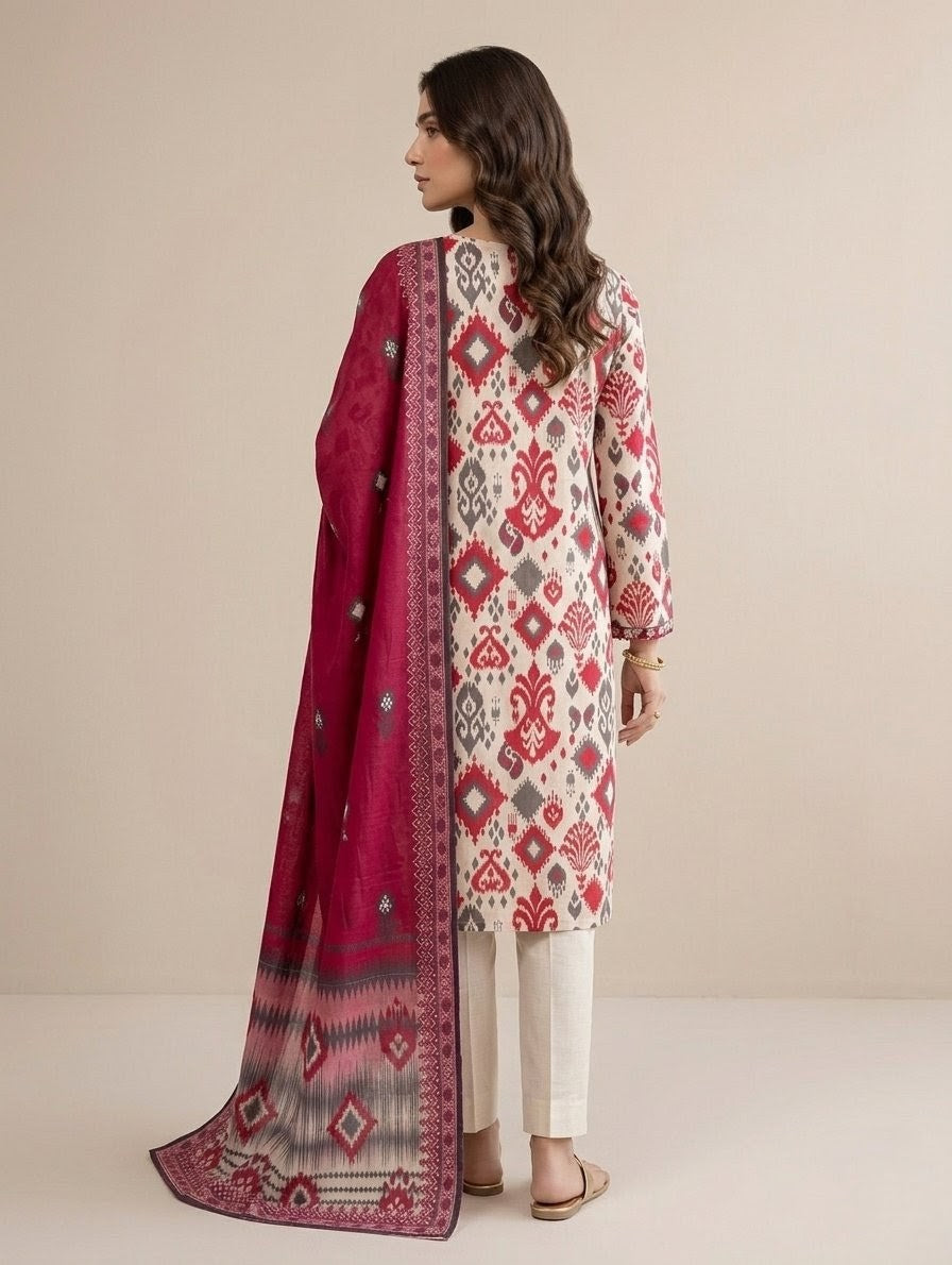 Finest Quality Lawn Unstitched 3 Piece Suit - Hamnaaz Crimson Tribal Print
