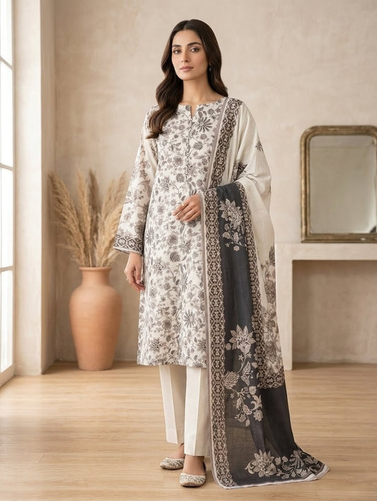 Finest Quality Lawn Unstitched 3 Piece Suit - Hamnaaz Off-White Delicate Floral Print