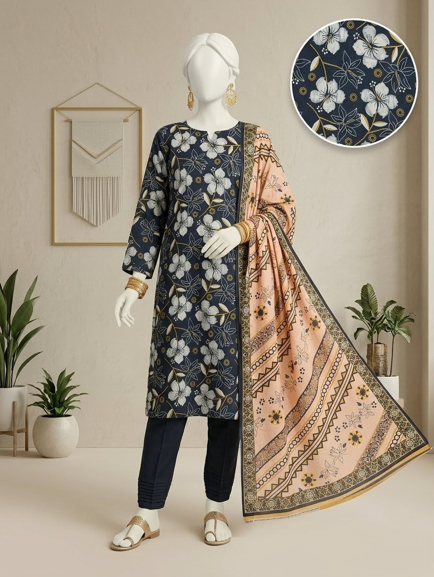 Finest Quality Lawn Unstitched 3 Piece Suit - Hamnaaz Navy Floral Vine Print