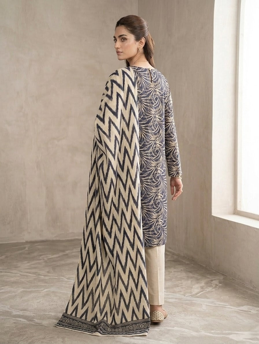 Finest Quality Lawn Unstitched 3 Piece Suit - Hamnaaz Navy Fern Print